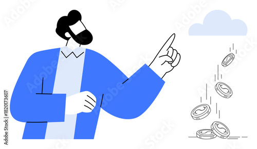 Man gestures towards cloud emitting coins, symbolizing online revenue, wealth creation, digital economy, growth, savings, financial technology. Ideal for fintech, economy success investments