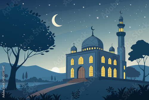 Showcasing Ramadan Night Featuring Shining Mosque Wind Crisp High-Quality Stock Image