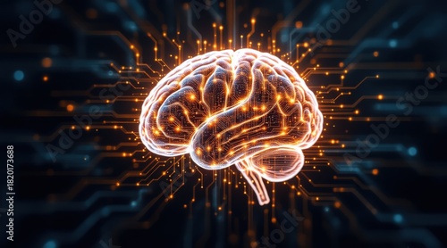 Ai mental health companion concept. Futuristic brain with digital circuitry background.