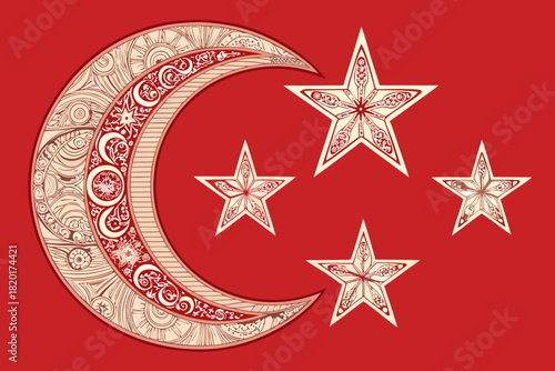 Stunning Bold Crescent Moon And Stars With Ornamental Textu Creative Visual