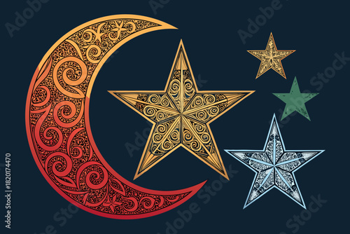 Elegant Bold Crescent Moon And Stars With Ornamental Textu Creative Visual
