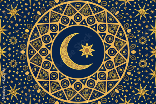 Bold Crescent Moon Inside Islamic Star Rosette Pat Premium Digital Asset Perfect for Editorial Conte