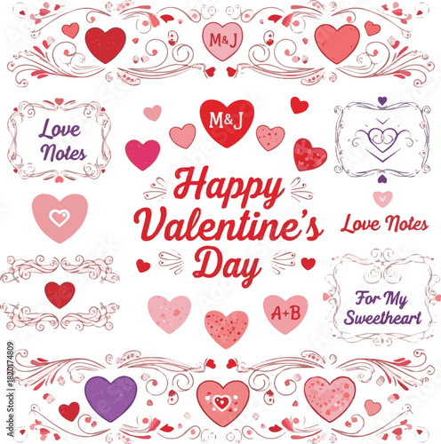 set of  Colorful Valentine's Day ,Illustrations, frames, decorations, headings, titles, hearts, logos vector art with white background