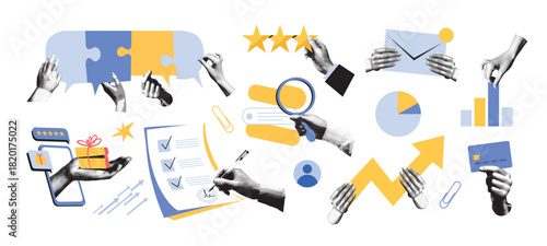Business management and customer service concepts for design in a trendy halftone collage style. Hands holding charts, a magnifying glass, rating stars, a credit card, signing a contract, puzzle icons