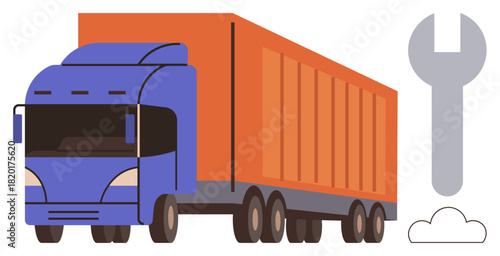 Large freight truck with orange cargo container, oversized wrench, and cloud. Ideal for logistics, transport, maintenance, fleet management, repair services, industry solutions and supply chain