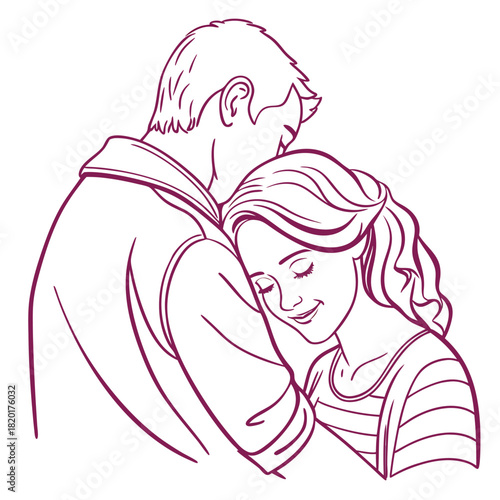 Romantic Couple Embracing: Man Kissing Woman's Forehead in Sweet Love Moment Line Art
