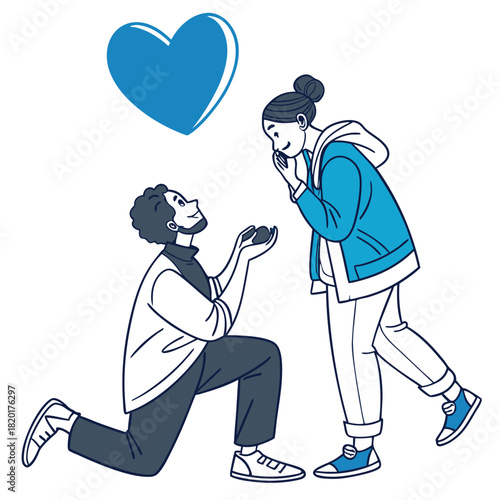 Romantic Marriage Proposal: Man Kneeling to Woman with Heart Symbol - Engagement Scene