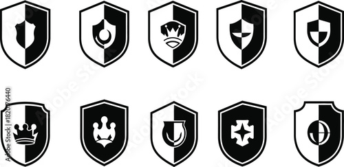Set of metallic silver security shield crest vector icons and badges for protection symbol illustration