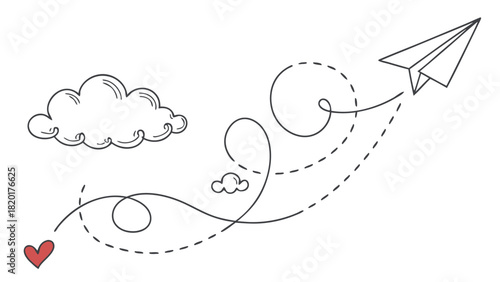Hand-Drawn Paper Airplane Flying with Dotted Route, Clouds, and Red Heart