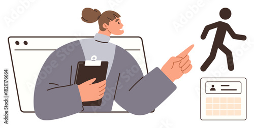 Woman holding clipboard pointing to task initiation icon with digital ID card and tools. Ideal for management, workflow, organization, leadership, task delegation, productivity, simple flat metaphor