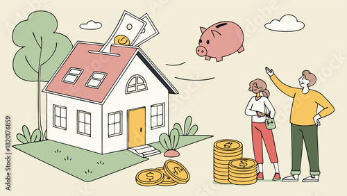 Couple Saving Money to Buy a Home with House Piggy Bank and Coin Stacks - Financial Planning