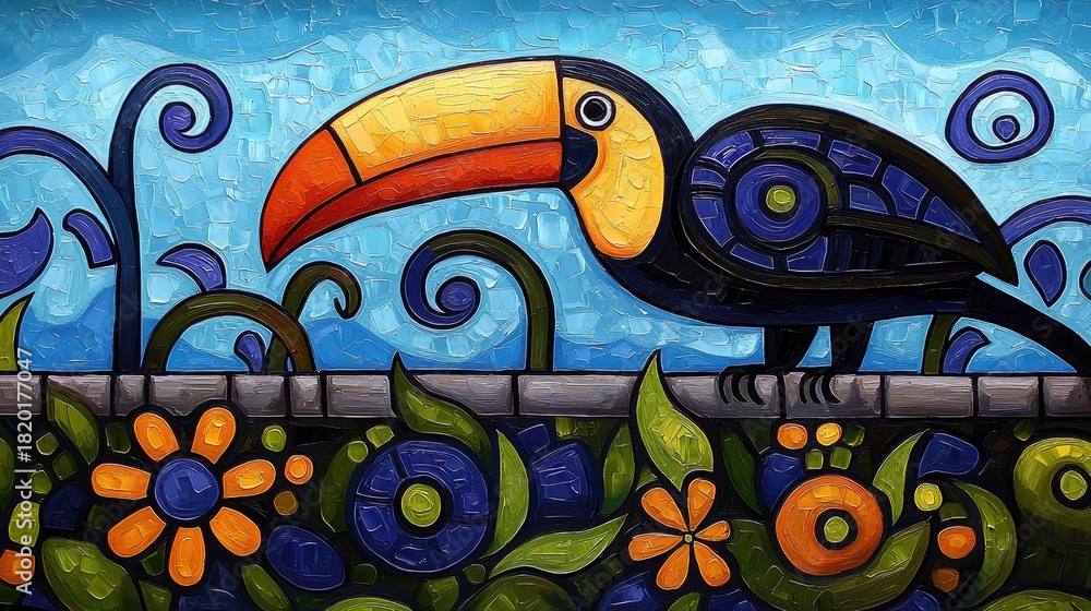 Obraz premium A stylized, colorful painting of a toucan with a large orange and yellow beak, dark blue patterned wings, and black body, perched on a grey stone wall. Below th