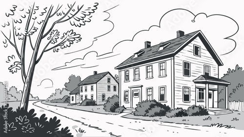 Monochrome Vintage Suburban Street with Colonial Style Houses and Tree - Line Art