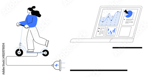 Woman riding electric scooter powered by plug-in charger next to laptop with graphs and charts. Ideal for sustainability, innovation, eco-conscious commuting, technology, data analysis, renewable