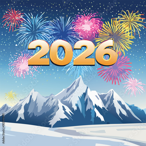 Snowy mountain peaks glowing as giant fireworks reveal “2026” in the sky.