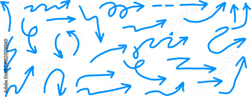Set of hand-drawn blue arrows on a white background. Sketchy doodle direction icons in varied curved and straight styles, ideal for infographics, notes, and graphic design.
