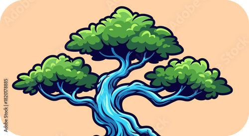 Artistic bonsai tree with vibrant green foliage and twisted blue trunk.