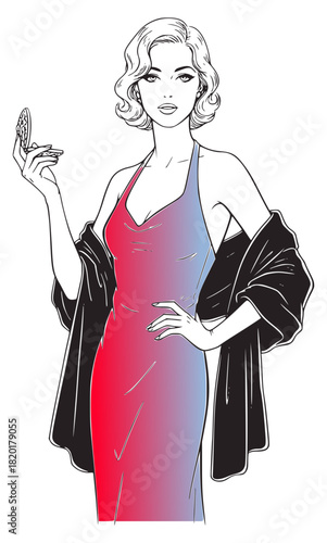 Black and white fashion illustration of a stylish woman in a slinky, low-cut halter dress and fur shawl, holding a compact mirror. Features modern color accents on the dress for dramatic effect.