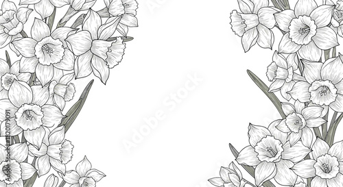 Vintage floral frame background with beautiful, detailed daffodil flowers and leaves in a black and white engraving style.