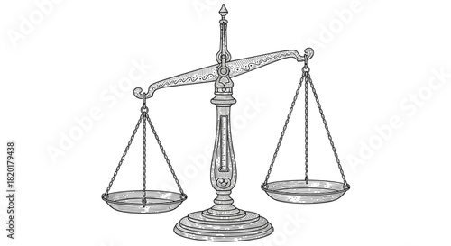 Ornate vintage scales of justice representing law, balance, and equality, drawn in a classic black and white engraving style.
