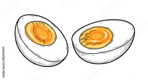 Hand-drawn illustration of a hard-boiled egg cut in half to show the golden yolk, rendered in a vintage color style.