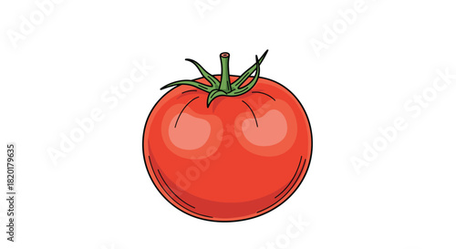 Fresh, ripe red tomato with a green stem, illustrated in a vibrant, clean cartoon style and isolated on a white background.