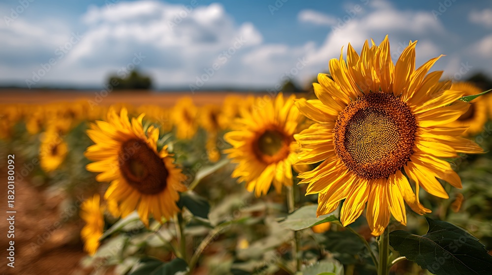 Fototapeta premium Field of Sunflowers in Bloom Under a Bright, Cloudy Sky