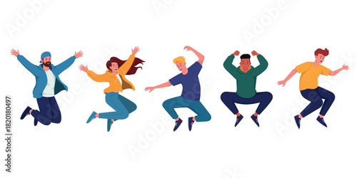 Happy people jumping with dynamic poses in a colorful flat illustration style, capturing joy, energy, and celebration. Perfect for creative projects that highlight positivity and teamwork vibes