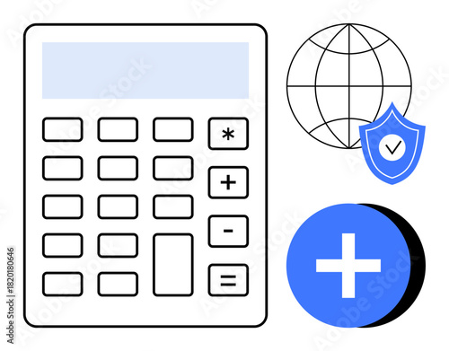 Finance concept. Calculator for calculations alongside global connectivity, plus icon, and cybersecurity shield. Finance connects technology, digital transactions, and security essentials. Useful