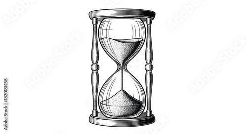 Vintage engraving style illustration of a classic wooden hourglass with sand running through it, symbolizing the passage of time.