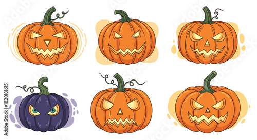 A spooky and fun collection of six cartoon jack-o'-lanterns with various carved faces, perfect for Halloween designs.
