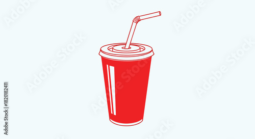 Minimalist red line art illustration of a fast-food soda cup with a lid and a bent straw on a light blue background.
