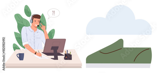 Man with headset working at desk, communicating via computer, surrounded by leaves and a cloud. Ideal for remote work, customer support, communication, technology, online services, home office