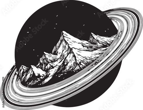 Cosmic Mountain: A monochrome illustration of a planet ringed, celestial body housing majestic mountain range against a starlit background, it evokes a sense of awe and adventure.
