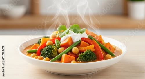 A steaming bowl of colorful vegetable curry with coconut milk and chickpeas on a wooden table.