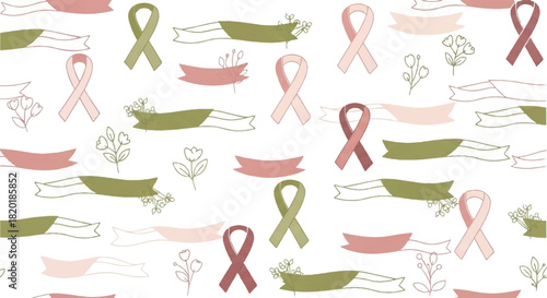 Seamless pattern of hand-drawn awareness ribbons and floral elements for support campaigns