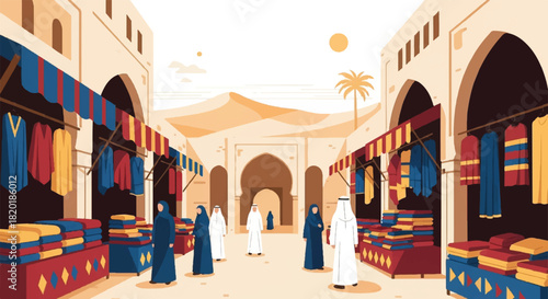 Vibrant illustration of a traditional souk marketplace in a desert city
