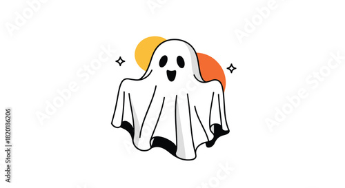 Cute and friendly ghost illustration with sparkles and colorful circles, a simple and modern design for a happy Halloween.