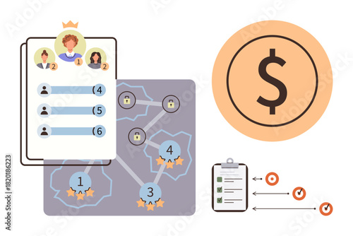 Leaderboard ranks players by score, network map with locks and stars indicates progress, checklist tracks tasks, dollar icon symbolizes financial goals. Ideal for team goals, gaming, education
