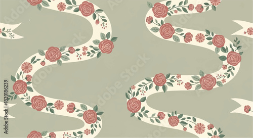 Charming Wavy Floral Banners Featuring Blooming Roses and Lush Greenery on a Soft, Serene Green Canvas
