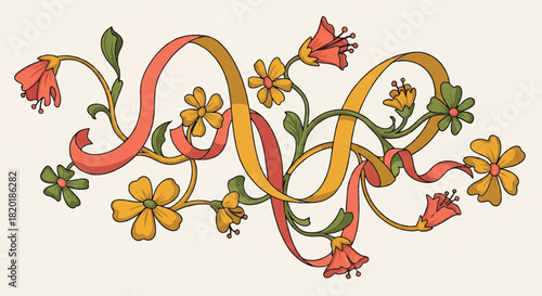 Elegant floral ribbon embellishment with delicate flowers and leaves