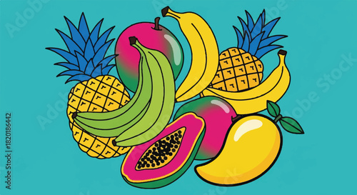 Colorful Illustration of Tropical Fruits Pineapple, Banana, Mango, Papaya and More
