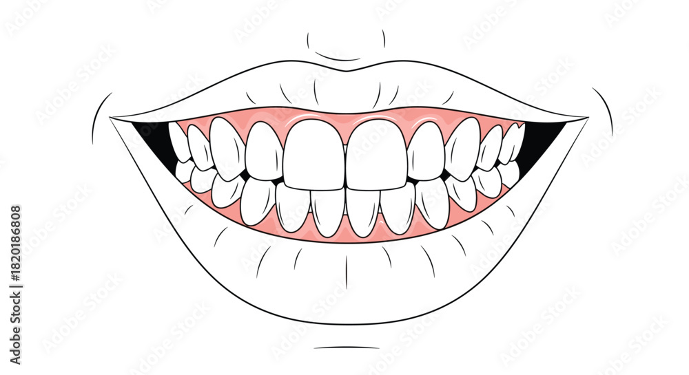 Naklejka premium Simple colored illustration of a healthy, smiling mouth showing perfectly aligned white teeth and pink gums in a clean design.