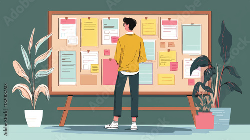 Information Board Reflection: A person stands before a large information board, lost in thought. Surrounded by potted plants. and reflecting on the details displayed.