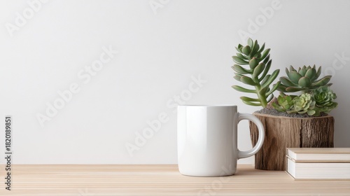Wallpaper Mural A white mug with a green succulent plant on a wooden stump, placed on a wooden table against a white wall. Torontodigital.ca