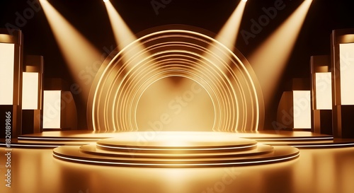 Golden stage podium with arched background and spotlights