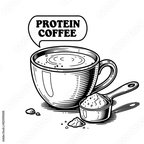 A hand-drawn illustration of a cup of protein coffee with a scoop of powder supplement.