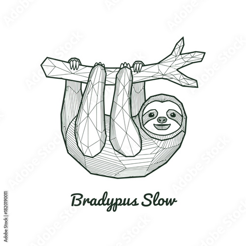 Geometric Sloth Hanging from Branch - A Low Poly Animal Illustration.