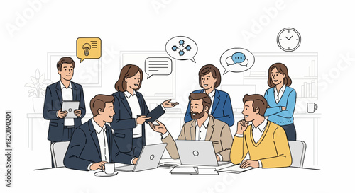 Cartoon vector illustration featuring a group of office workers discussing