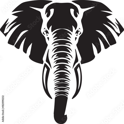 Elephant Head Graphic Design: A majestic elephant head design in striking black and white, featuring intricate detail, symbol of strength and wisdom.